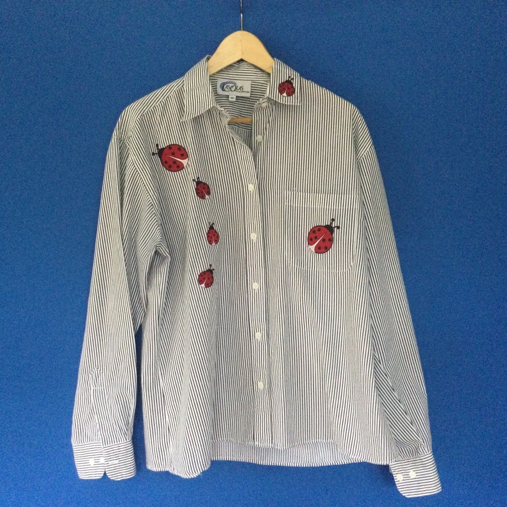 Las Olas Vintage Ladybugs Med Striped Button Up Shirt
